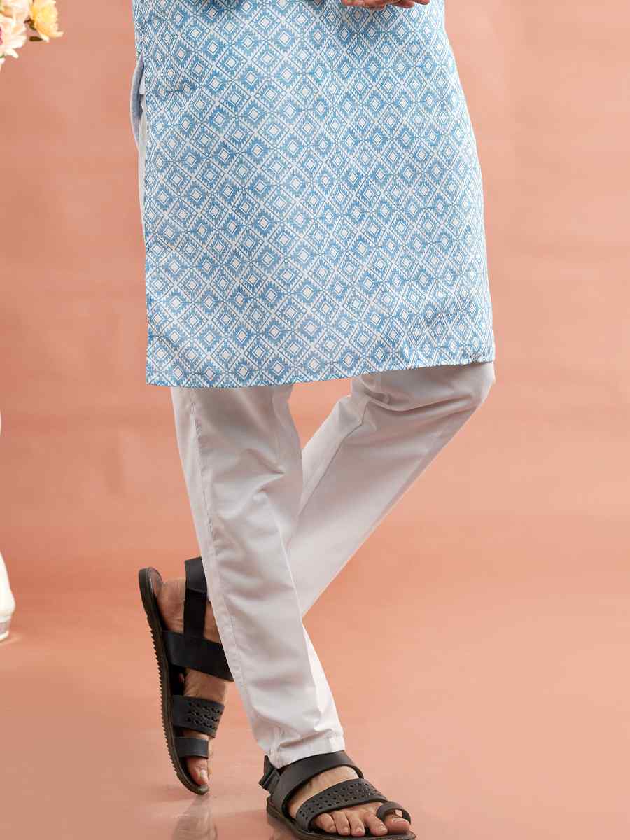 Blue Cotton Printed Festival Casual Kurta
