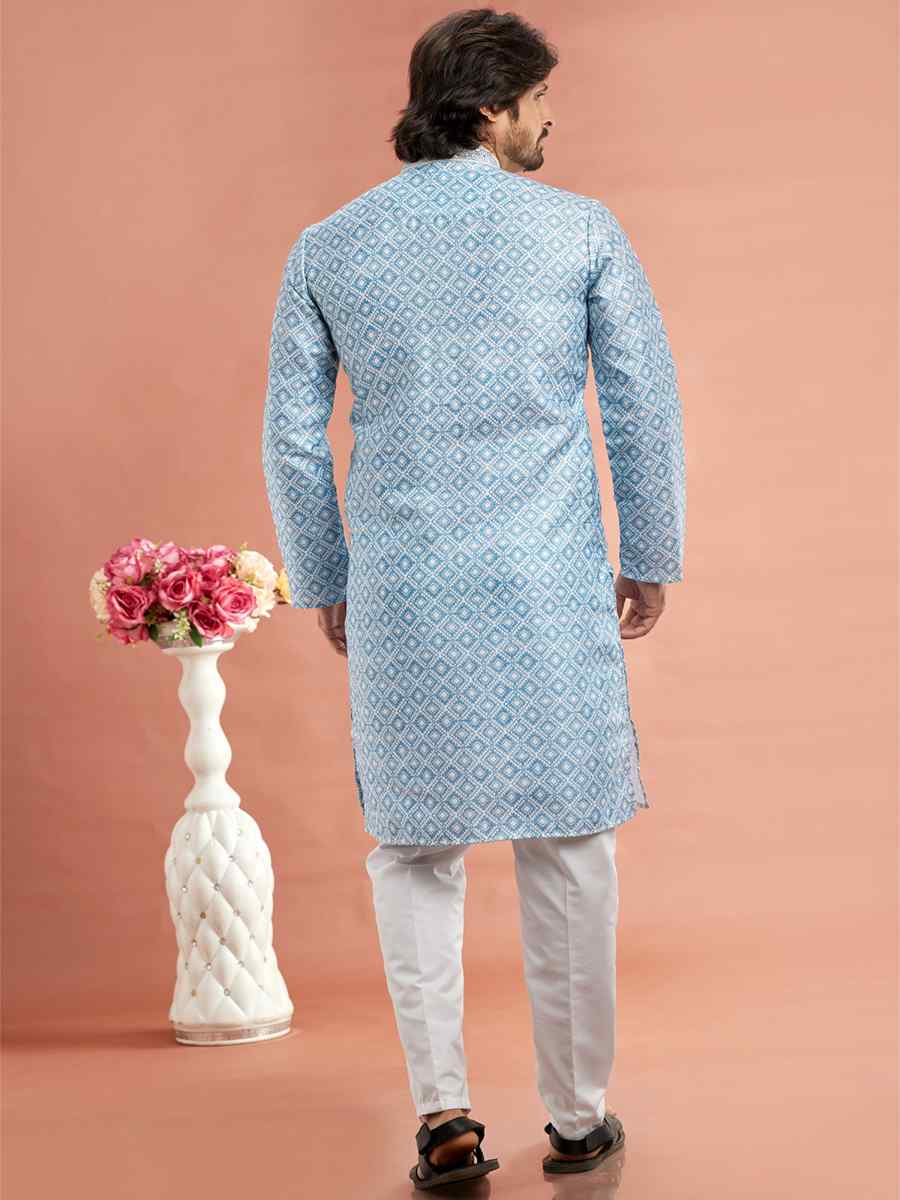 Blue Cotton Printed Festival Casual Kurta