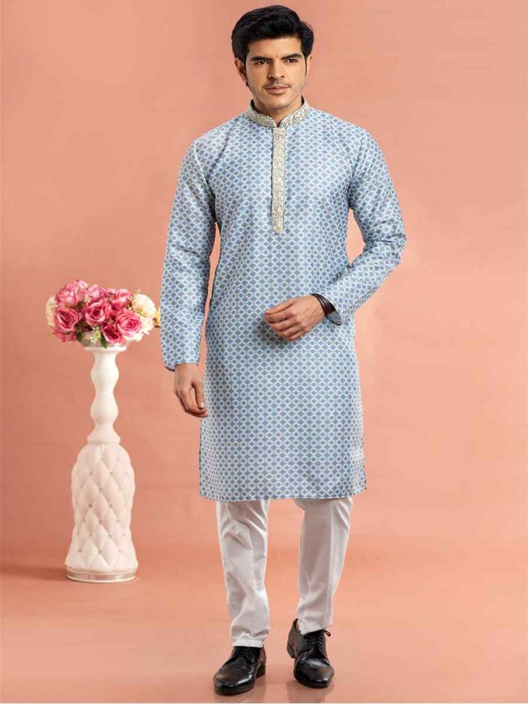 Blue Cotton Printed Festival Casual Kurta