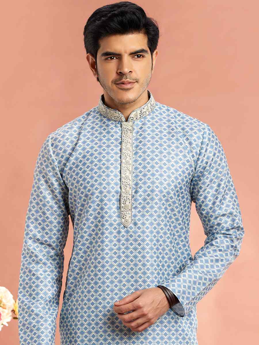 Blue Cotton Printed Festival Casual Kurta