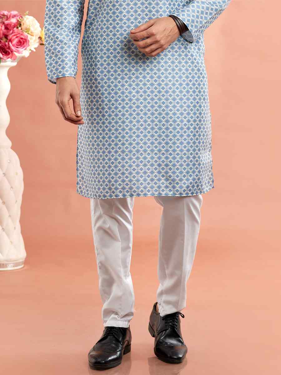 Blue Cotton Printed Festival Casual Kurta