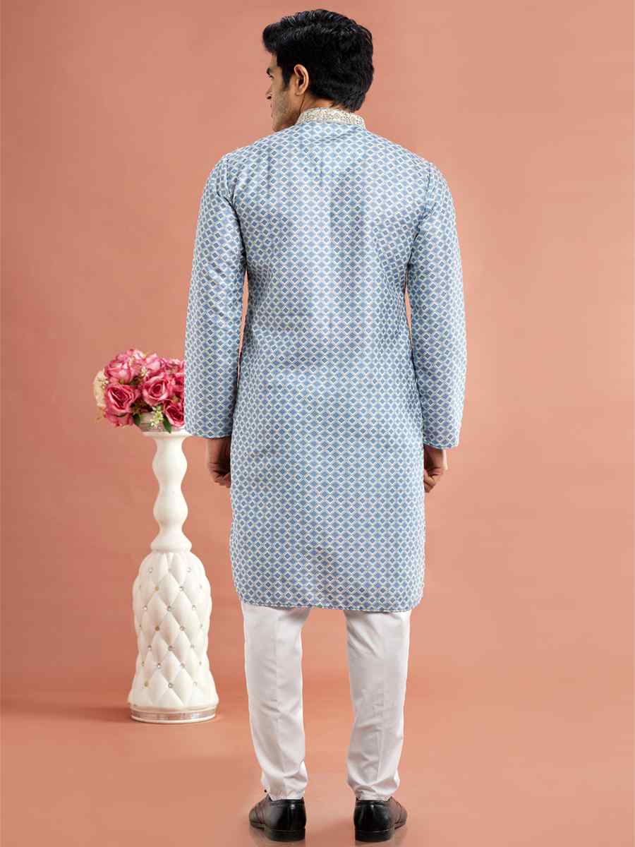 Blue Cotton Printed Festival Casual Kurta