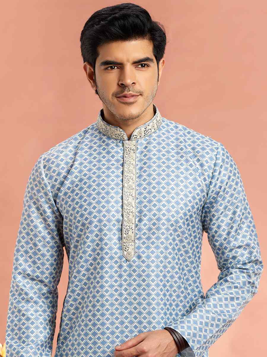 Blue Cotton Printed Festival Casual Kurta