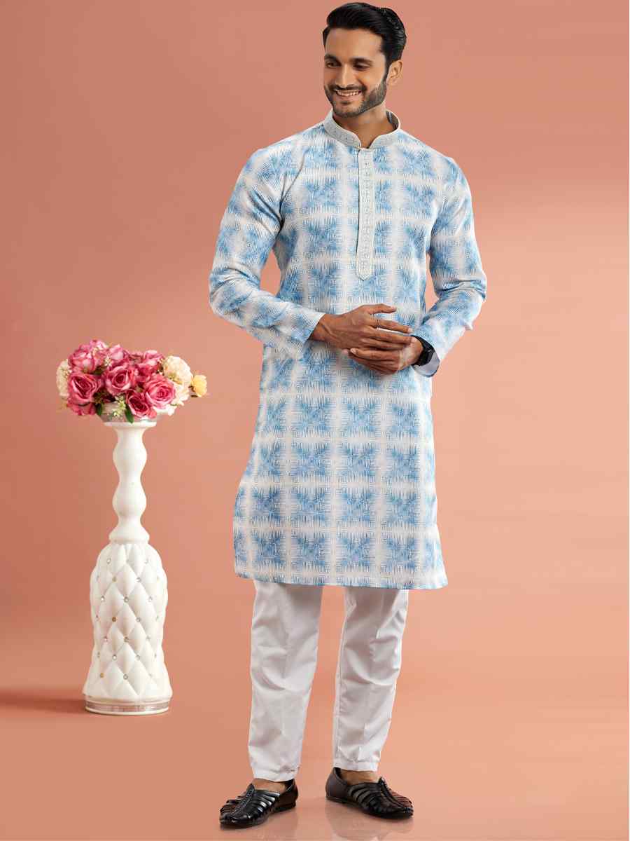 Blue Cotton Printed Festival Casual Kurta