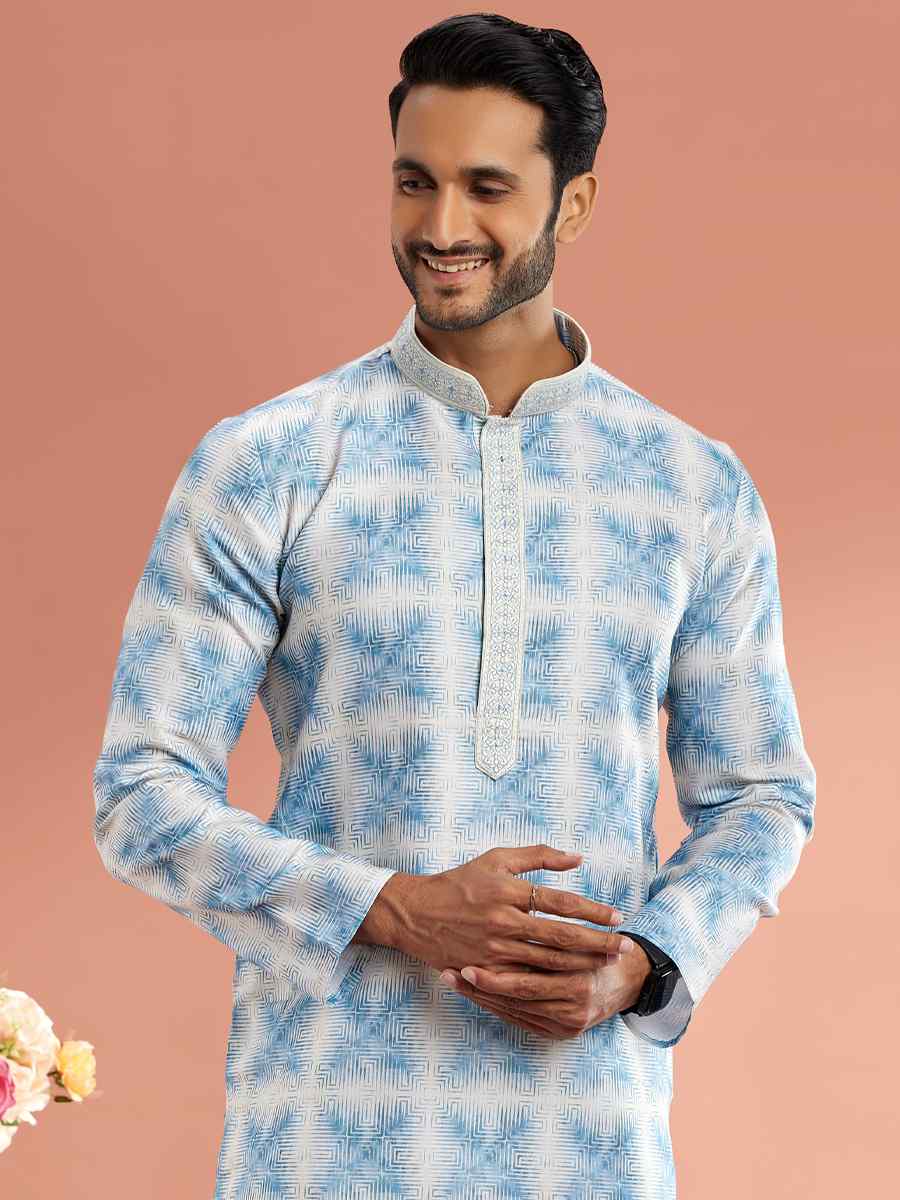 Blue Cotton Printed Festival Casual Kurta