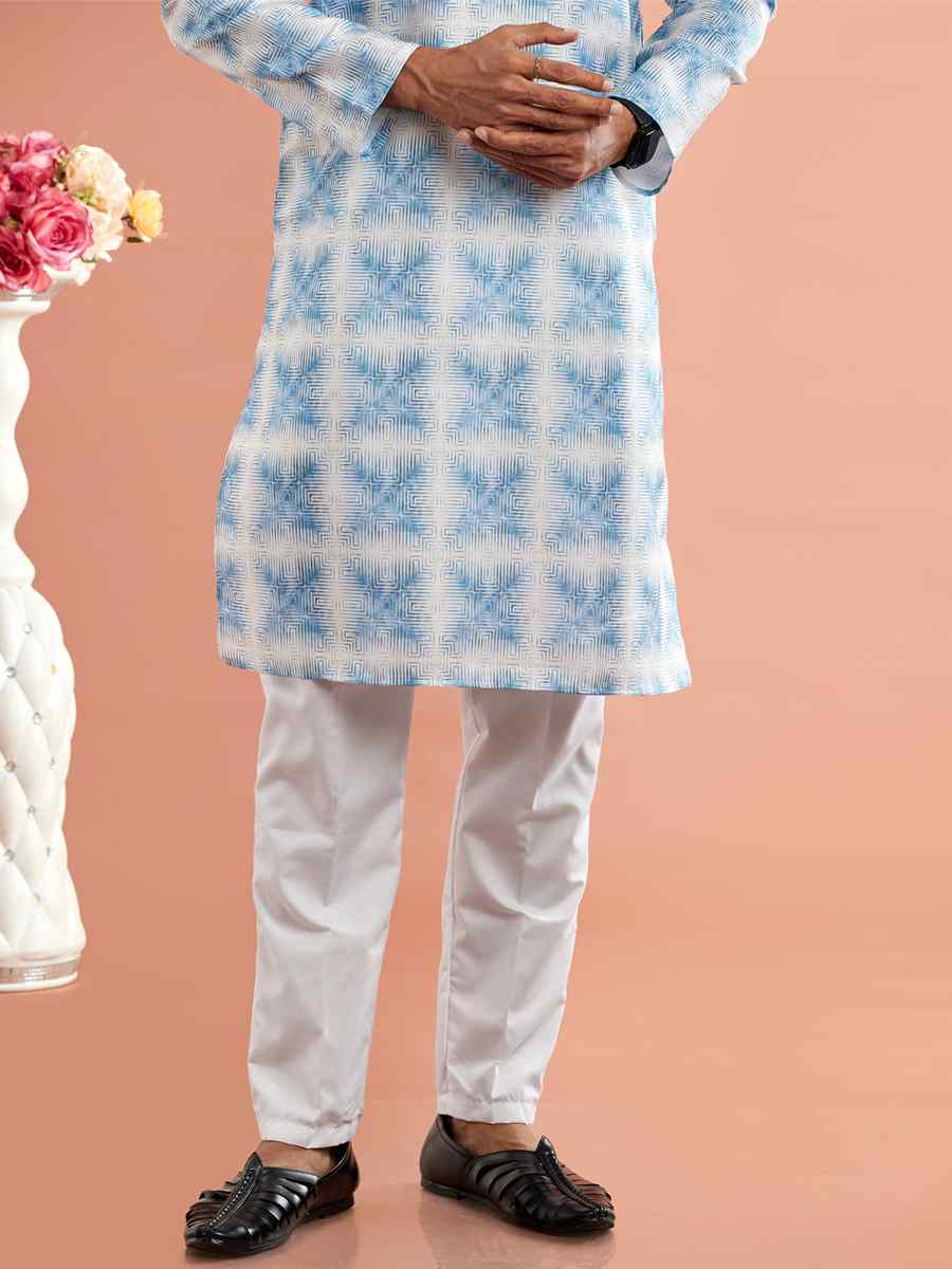 Blue Cotton Printed Festival Casual Kurta