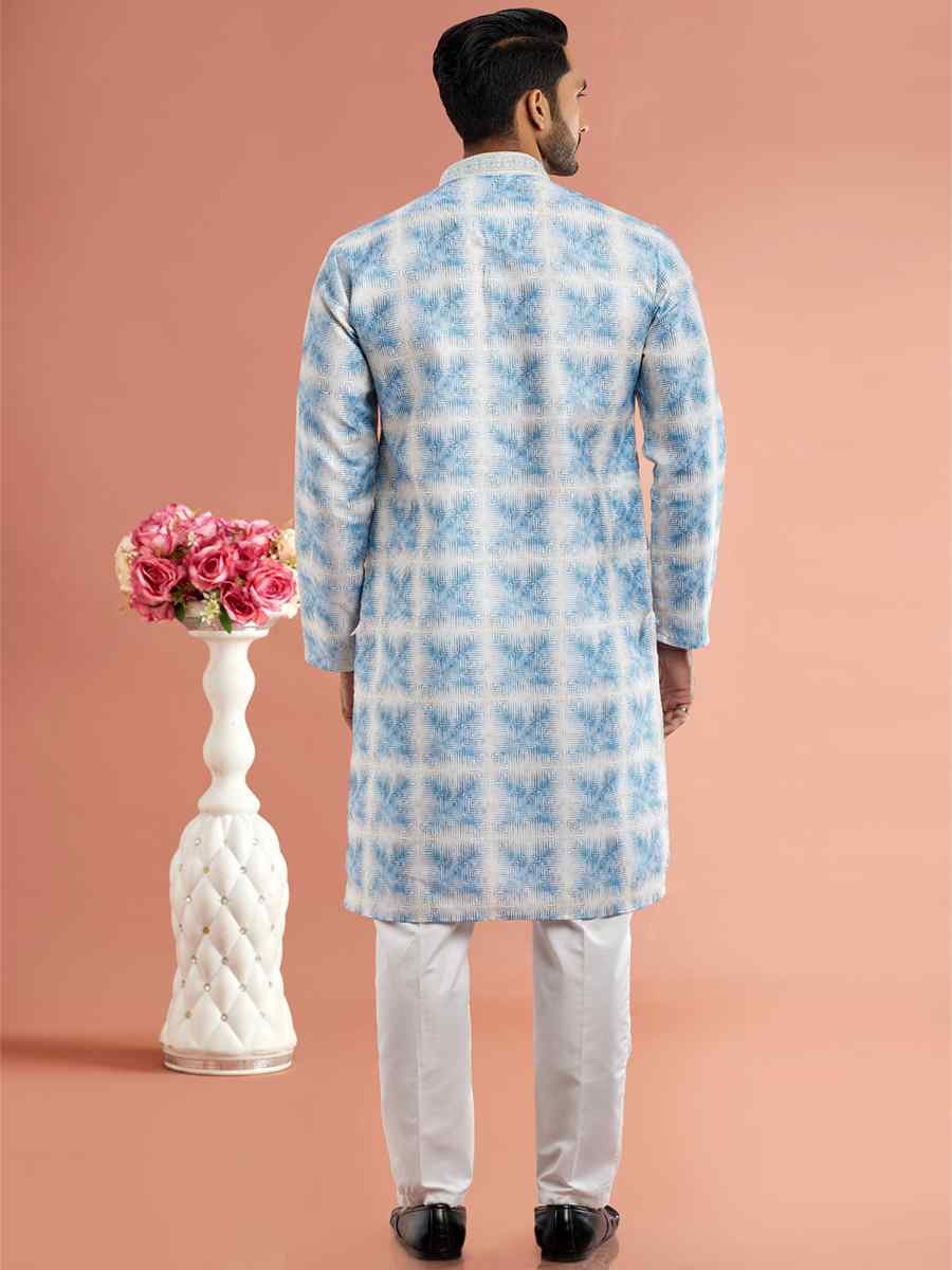 Blue Cotton Printed Festival Casual Kurta