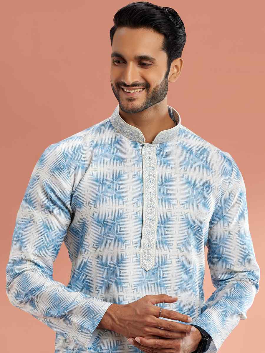 Blue Cotton Printed Festival Casual Kurta