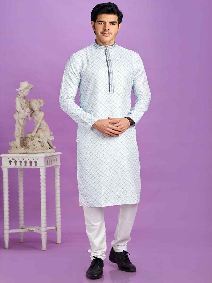 Blue Cotton Printed Festival Casual Kurta