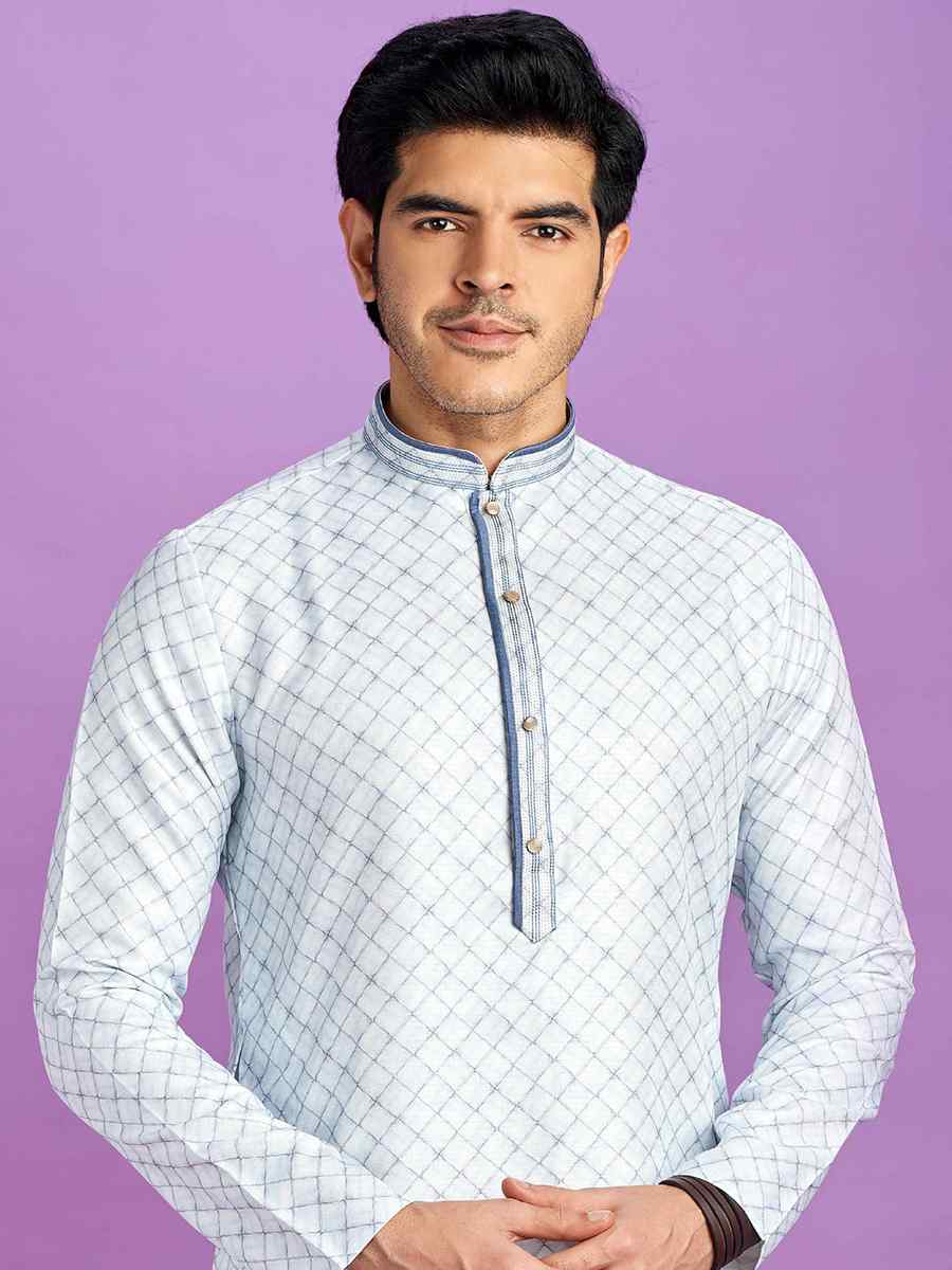 Blue Cotton Printed Festival Casual Kurta