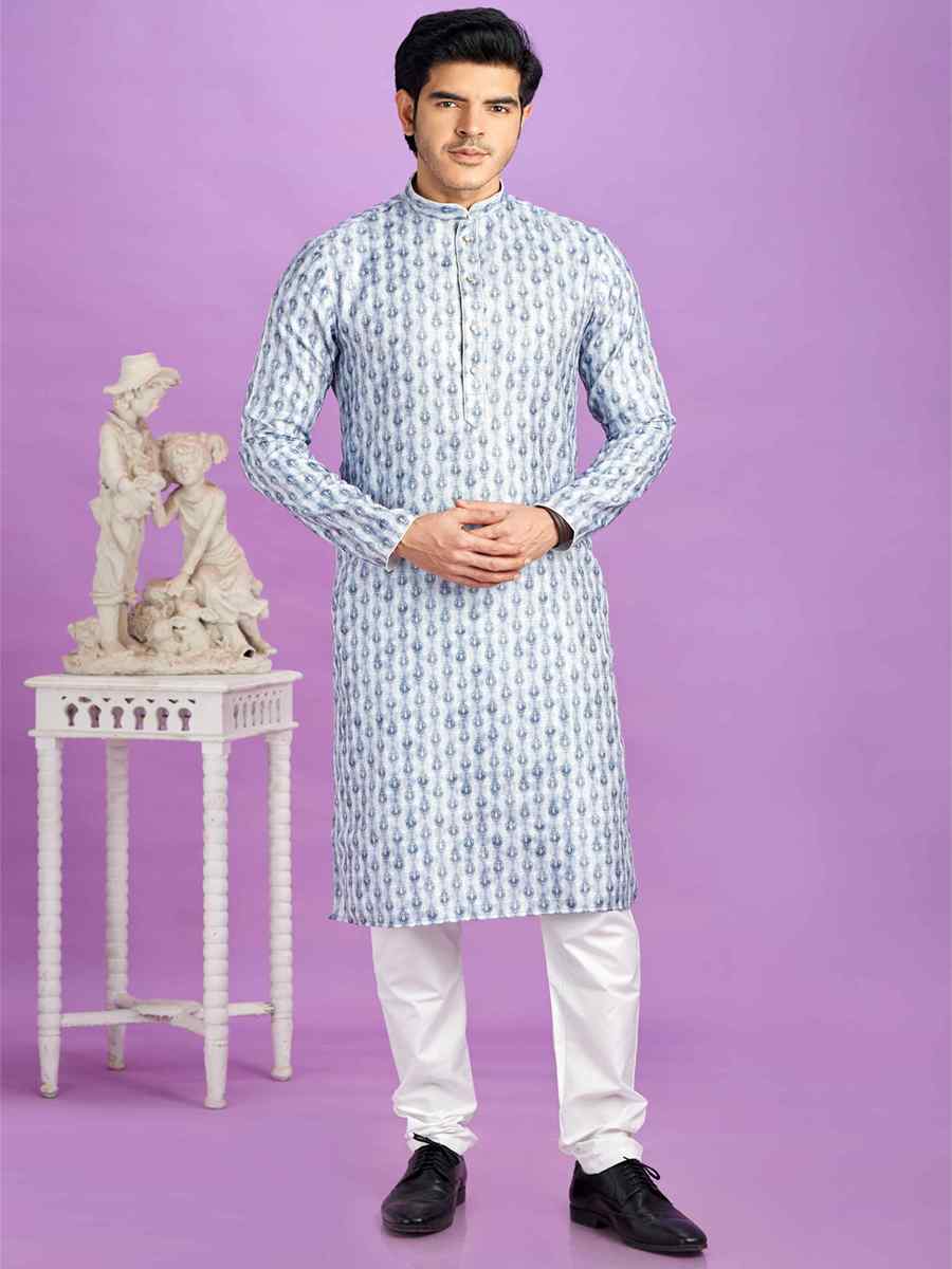 Blue Cotton Printed Festival Casual Kurta