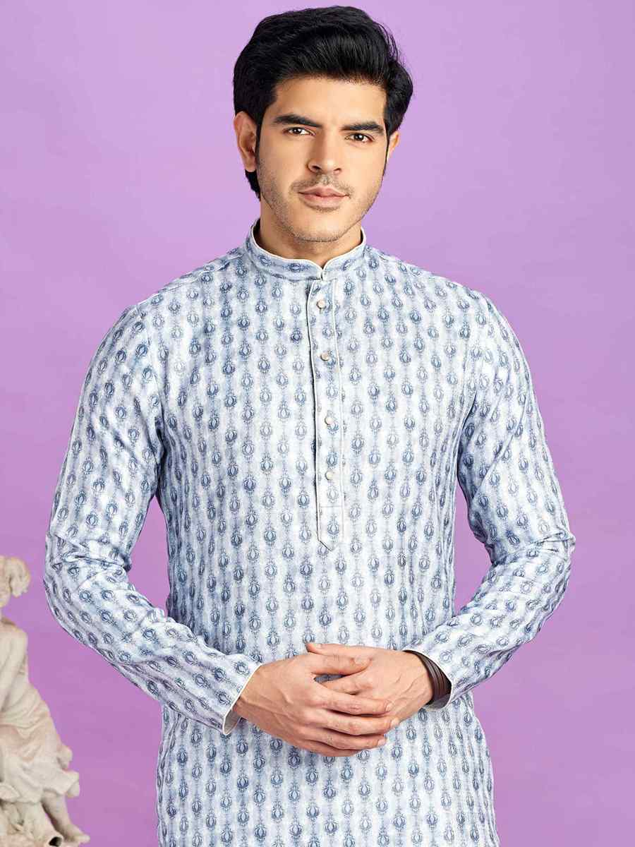 Blue Cotton Printed Festival Casual Kurta
