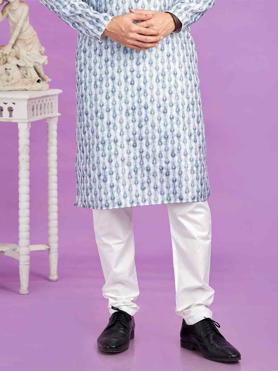 Blue Cotton Printed Festival Casual Kurta