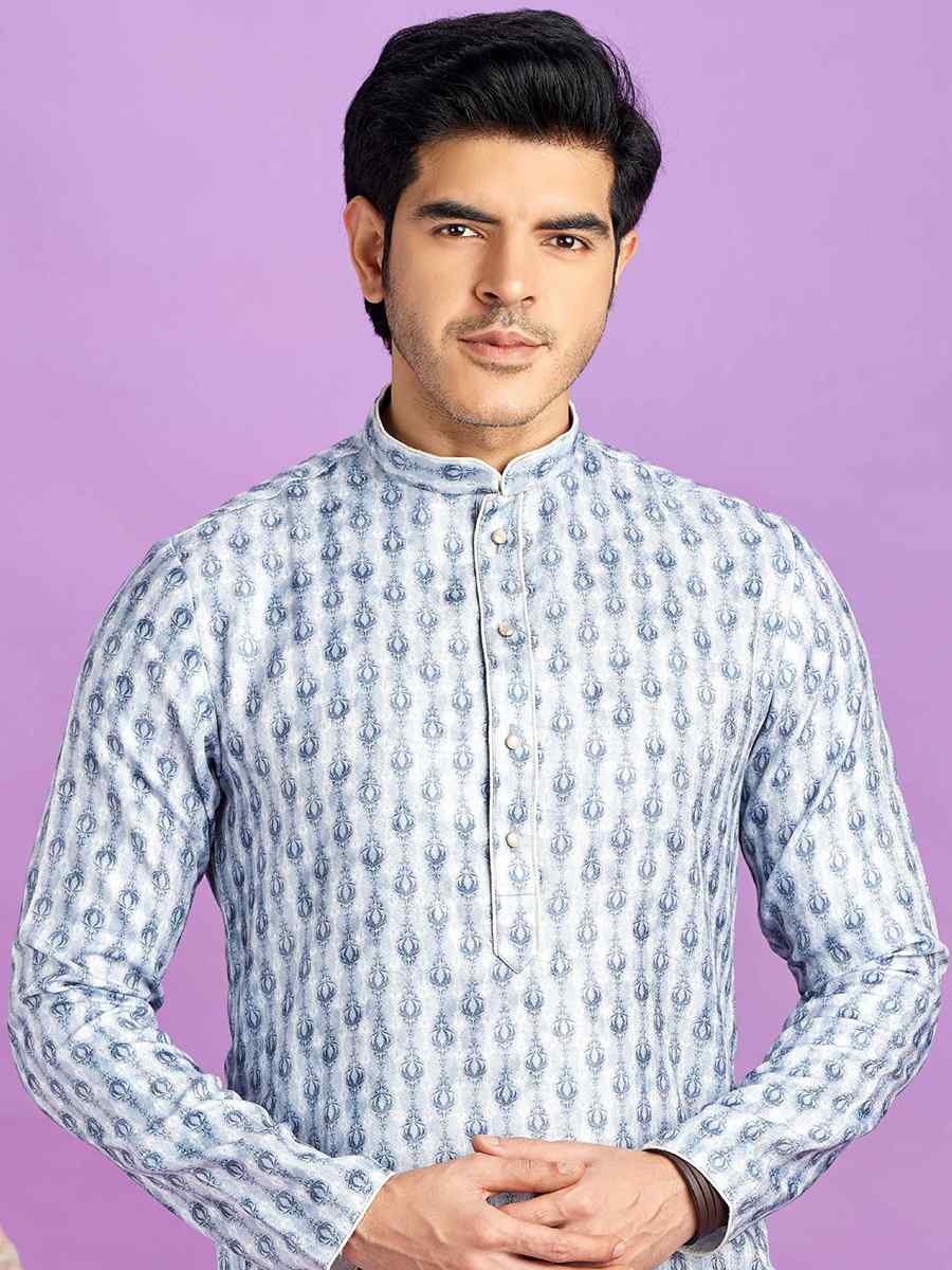 Blue Cotton Printed Festival Casual Kurta