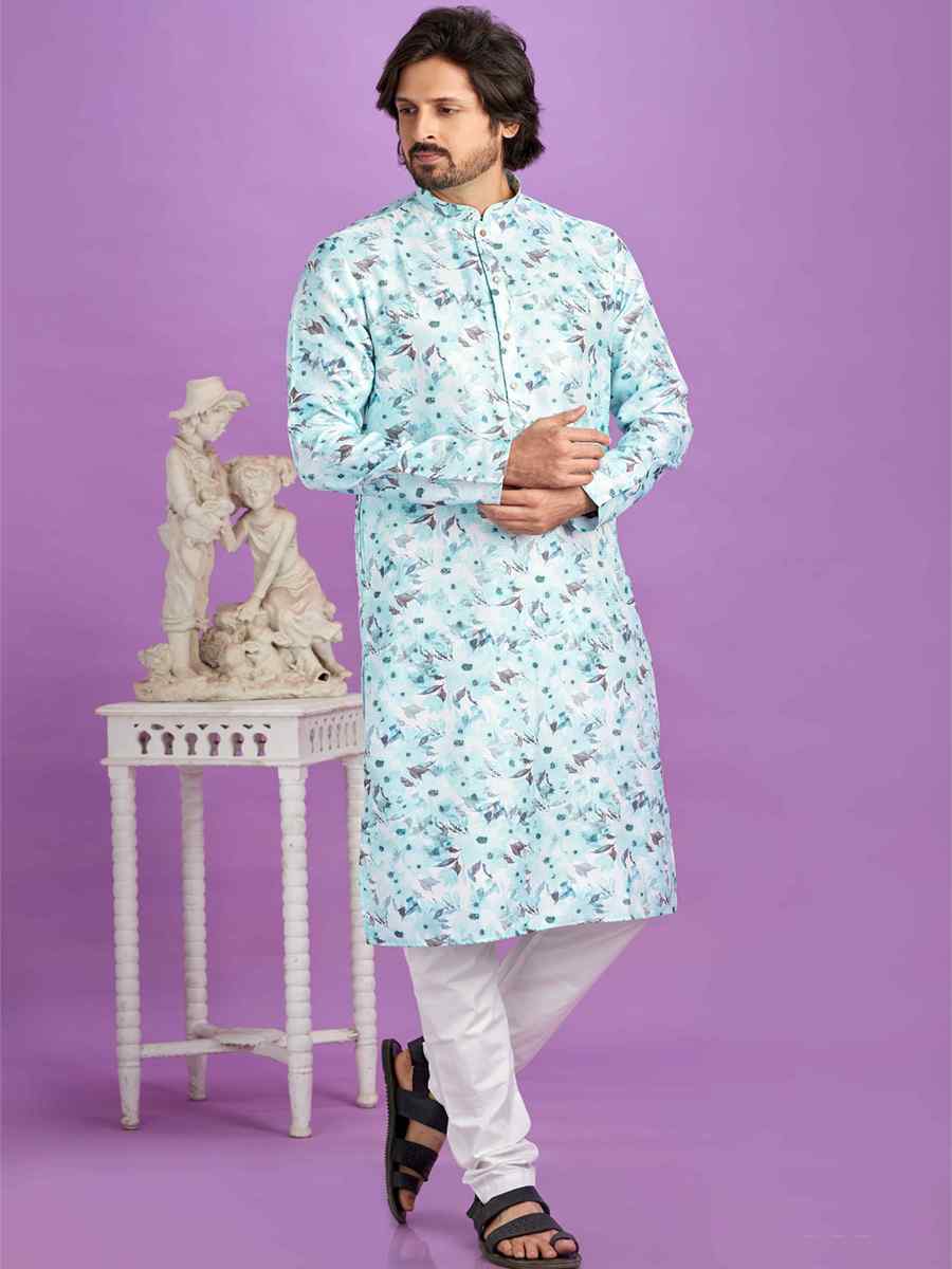 Blue Cotton Printed Festival Casual Kurta