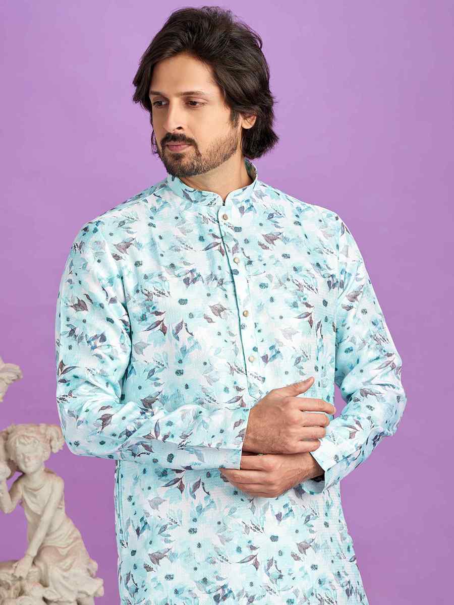 Blue Cotton Printed Festival Casual Kurta