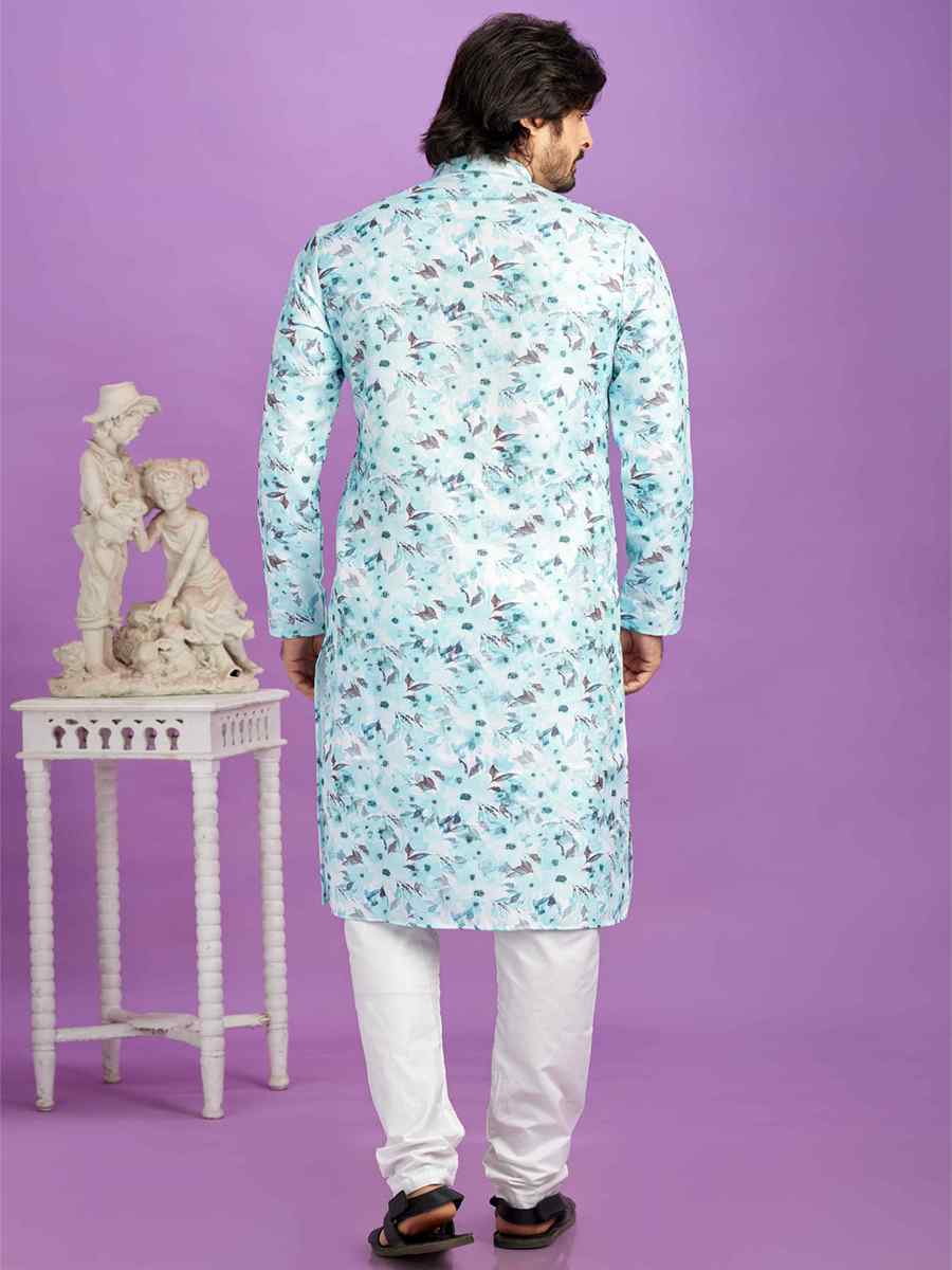Blue Cotton Printed Festival Casual Kurta