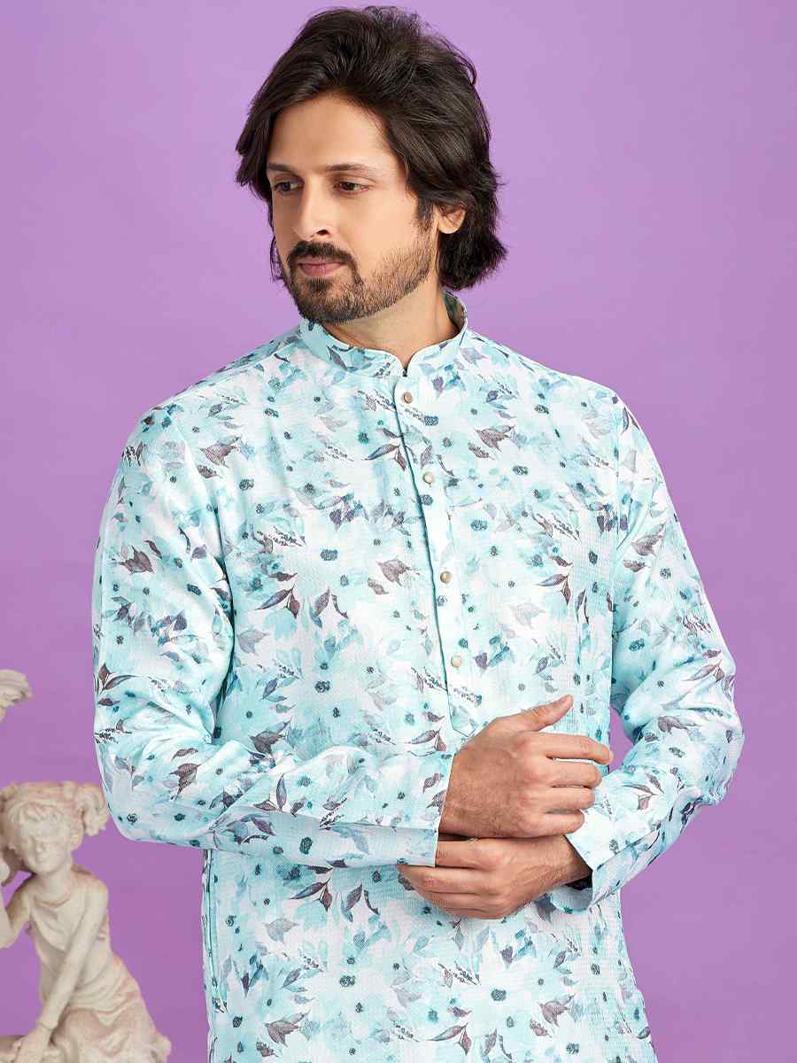 Blue Cotton Printed Festival Casual Kurta