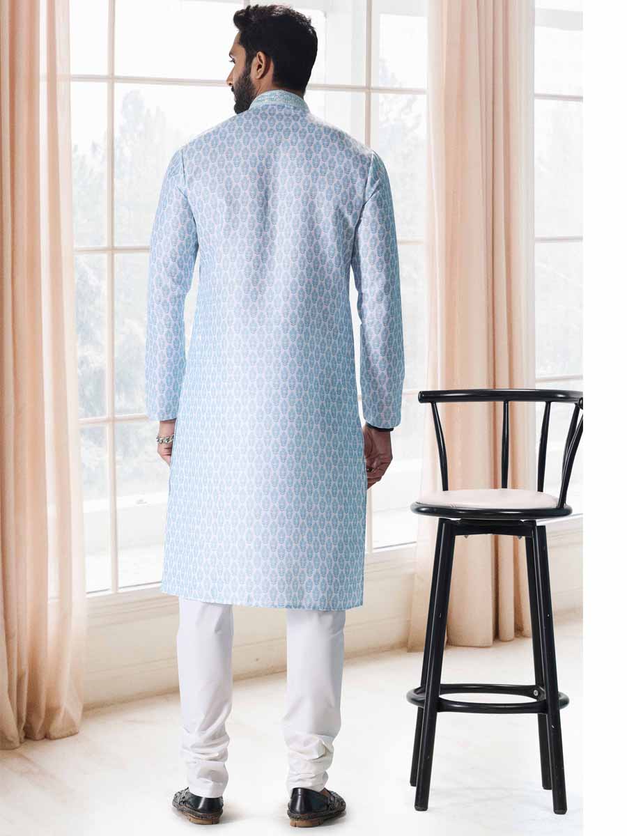 Blue Cotton Printed Festival Mehendi Kurta