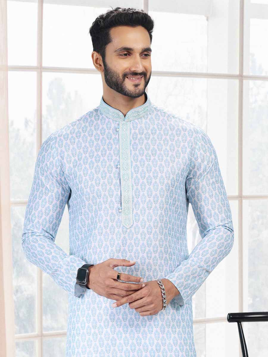 Blue Cotton Printed Festival Mehendi Kurta