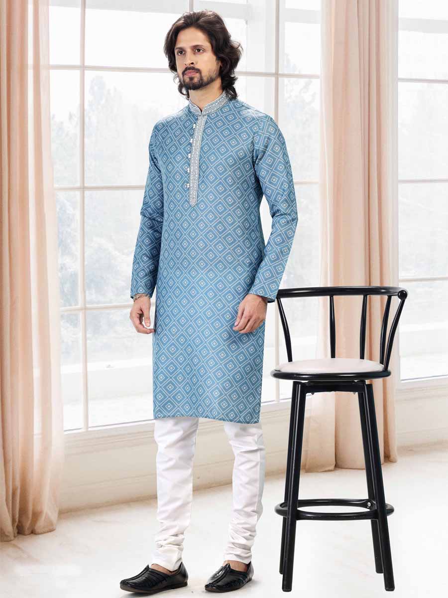 Blue Cotton Printed Festival Mehendi Kurta