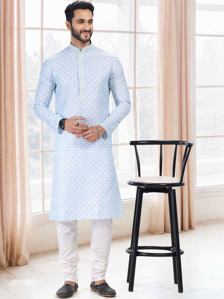 Blue Cotton Printed Festival Mehendi Kurta
