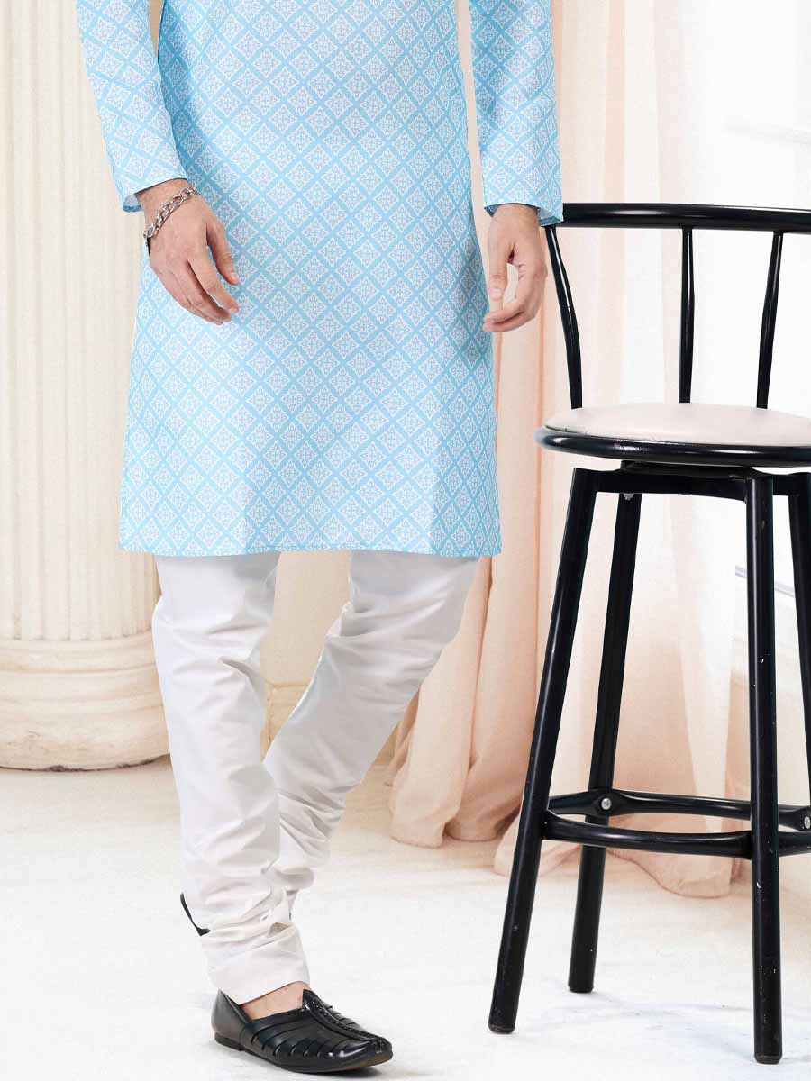 Blue Cotton Printed Festival Mehendi Kurta