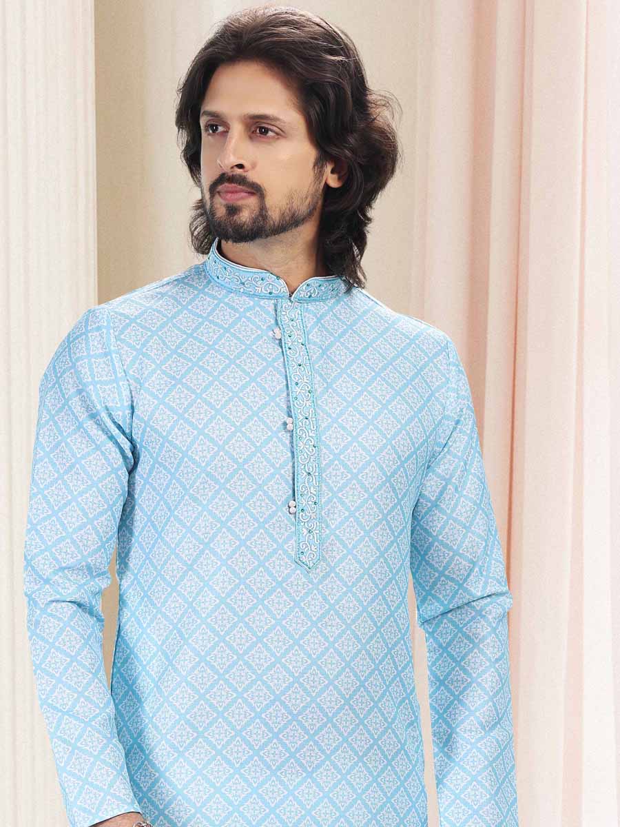 Blue Cotton Printed Festival Mehendi Kurta