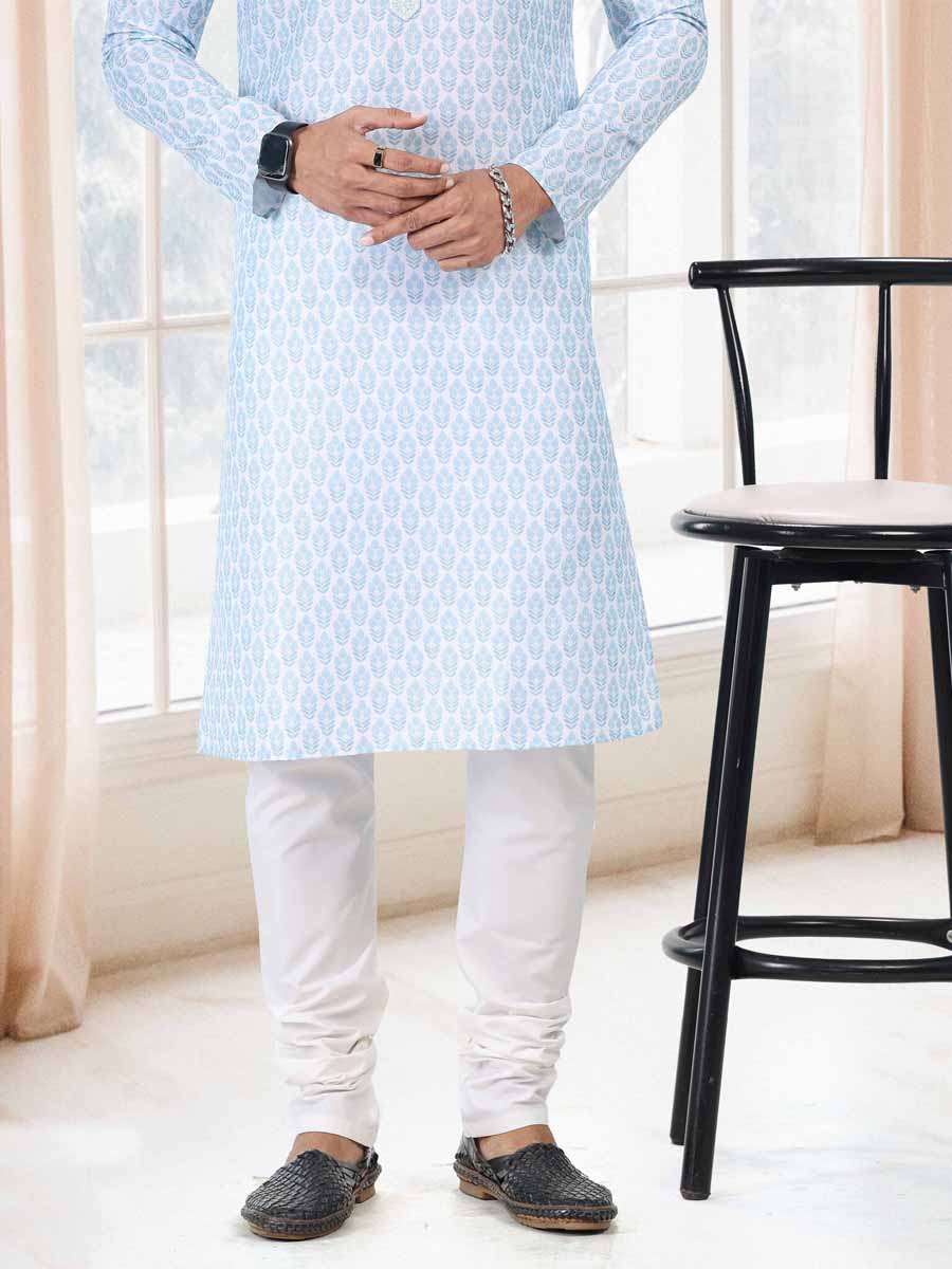 Blue Cotton Printed Festival Mehendi Kurta