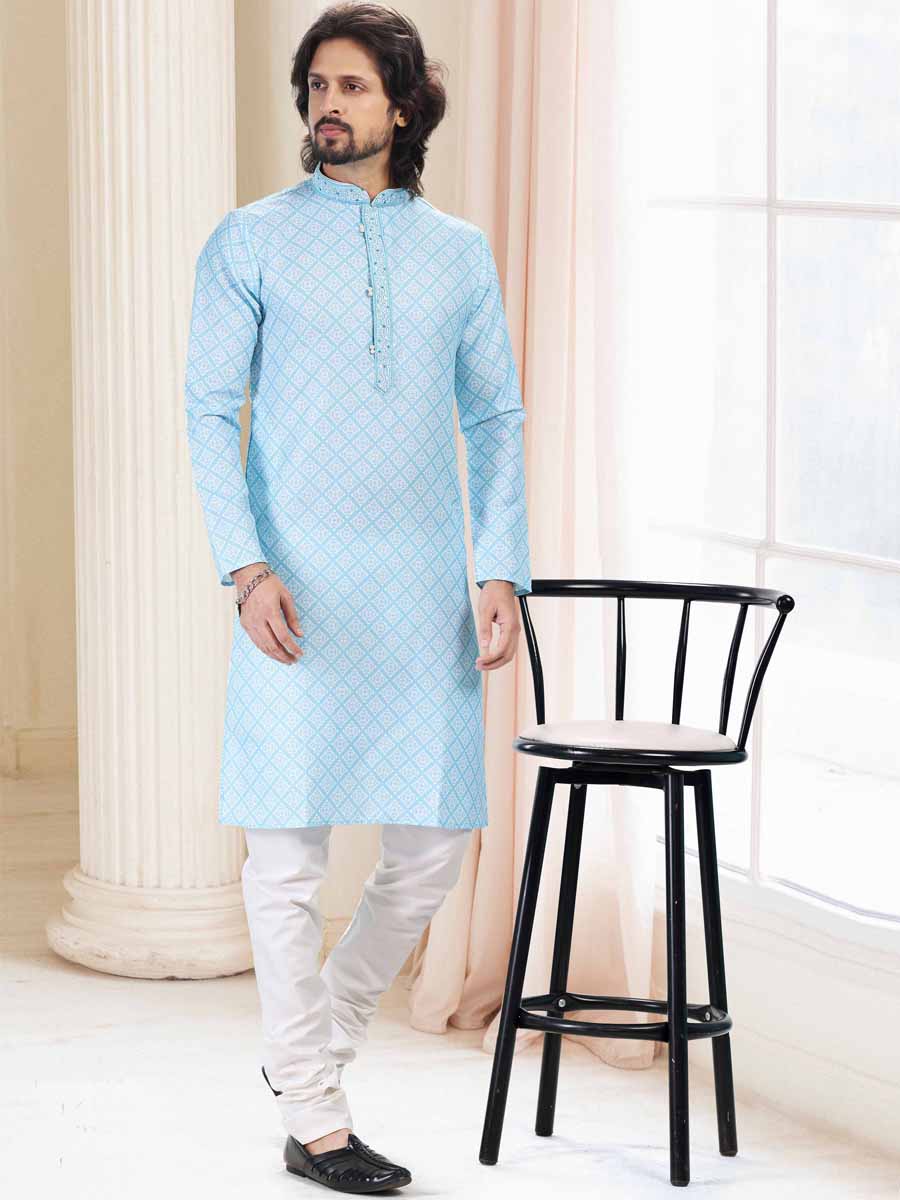Blue Cotton Printed Festival Mehendi Kurta