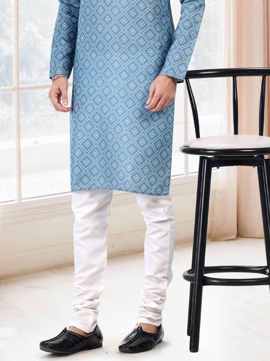 Blue Cotton Printed Festival Mehendi Kurta