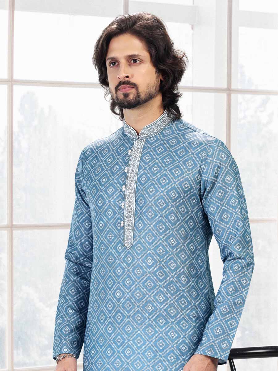 Blue Cotton Printed Festival Mehendi Kurta