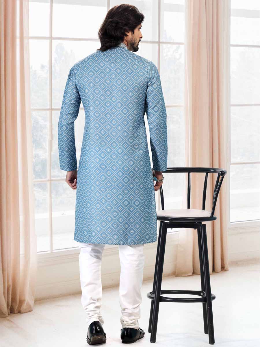 Blue Cotton Printed Festival Mehendi Kurta