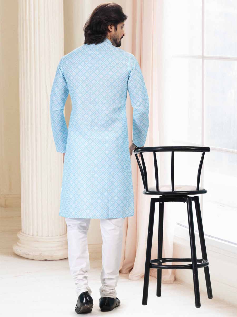 Blue Cotton Printed Festival Mehendi Kurta
