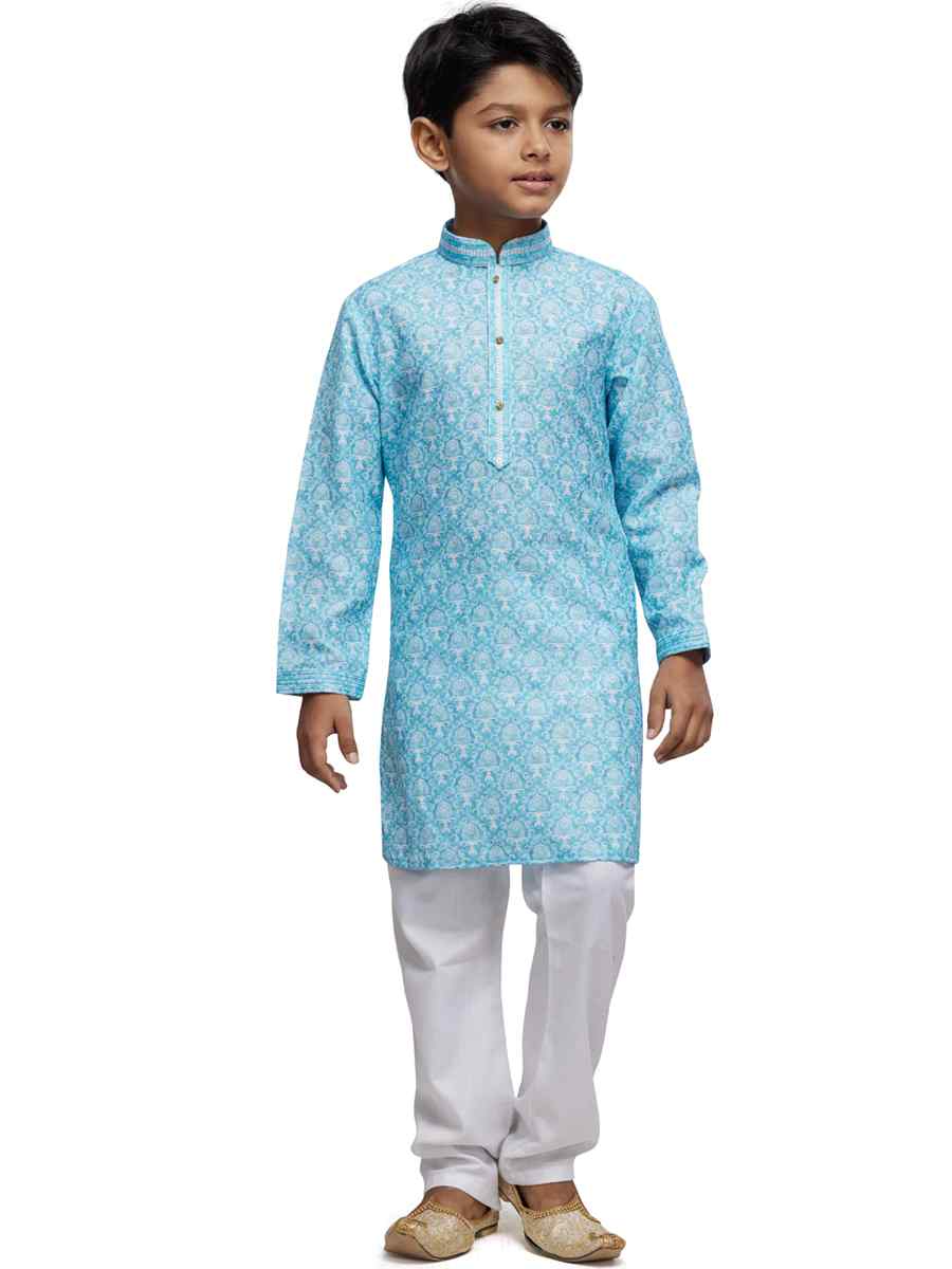 Blue Cotton Printed Festival Party Kurta