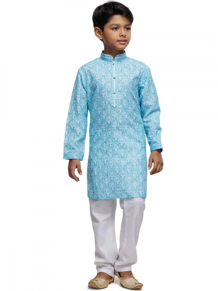 Blue Cotton Printed Festival Party Kurta