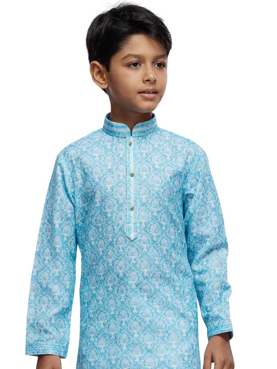 Blue Cotton Printed Festival Party Kurta