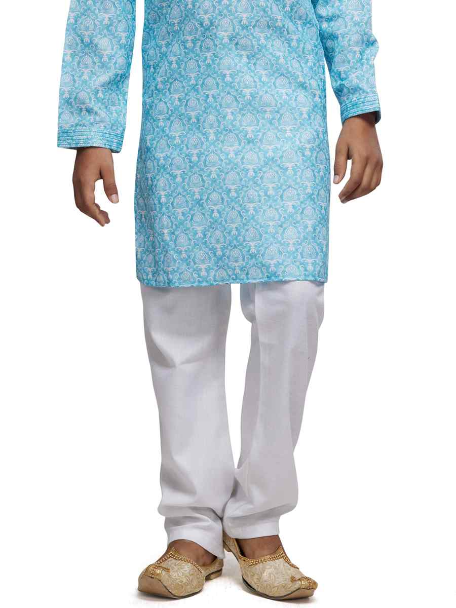 Blue Cotton Printed Festival Party Kurta