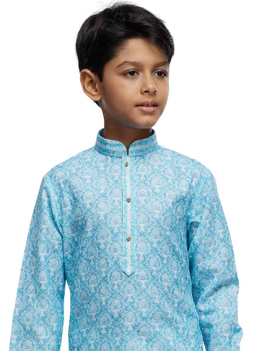 Blue Cotton Printed Festival Party Kurta