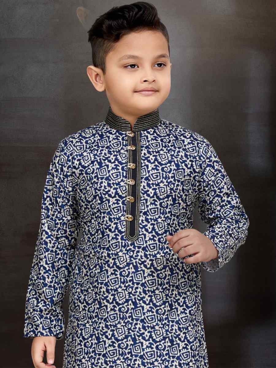 Blue Cotton Printed Festival Traditional Kurta Pyjama Boys Wear