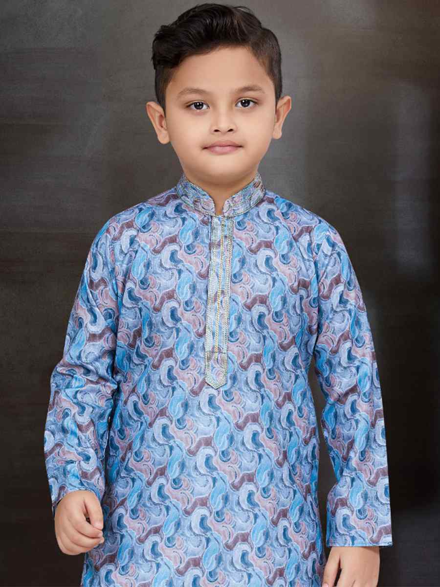 Blue Cotton Printed Festival Traditional Kurta Pyjama Boys Wear