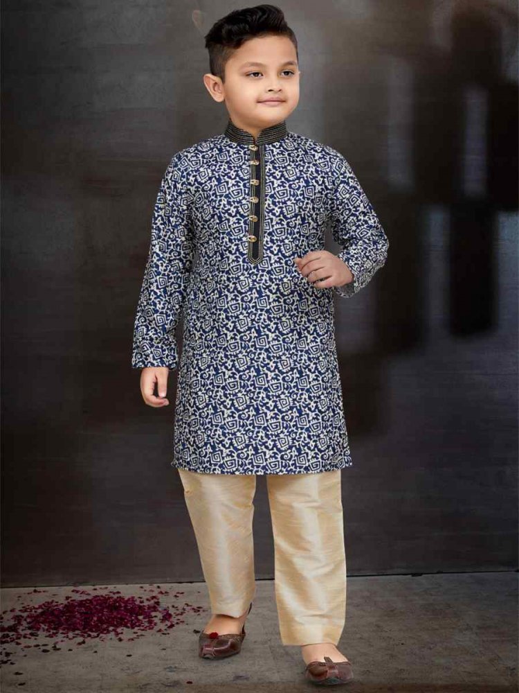 Blue Cotton Printed Festival Traditional Kurta Pyjama Boys Wear