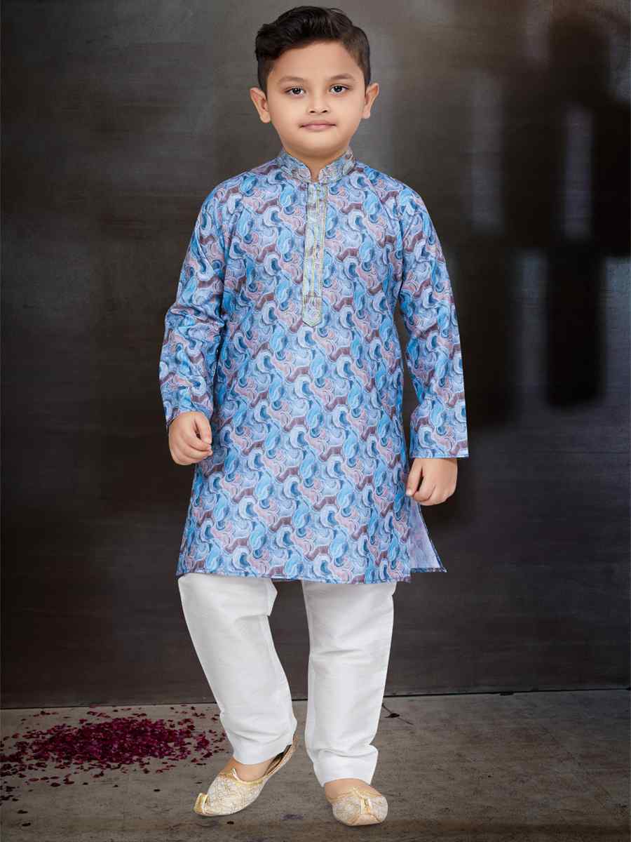 Blue Cotton Printed Festival Traditional Kurta Pyjama Boys Wear