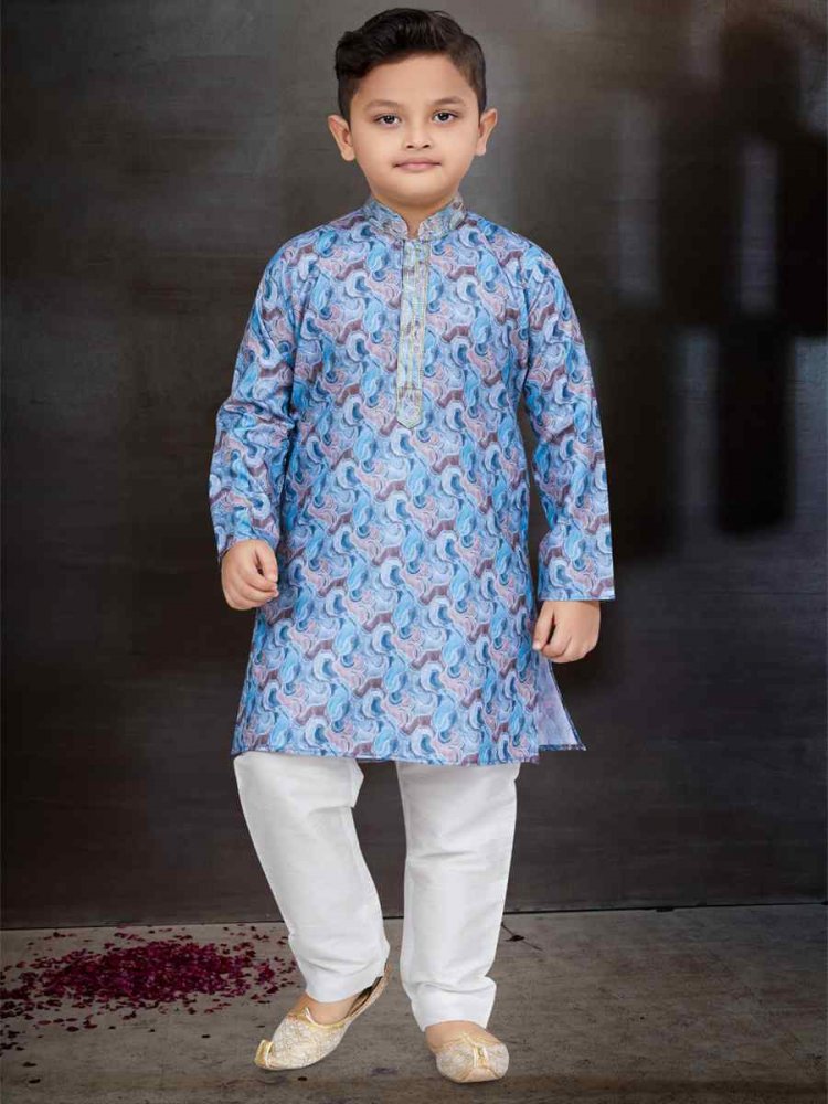 Blue Cotton Printed Festival Traditional Kurta Pyjama Boys Wear