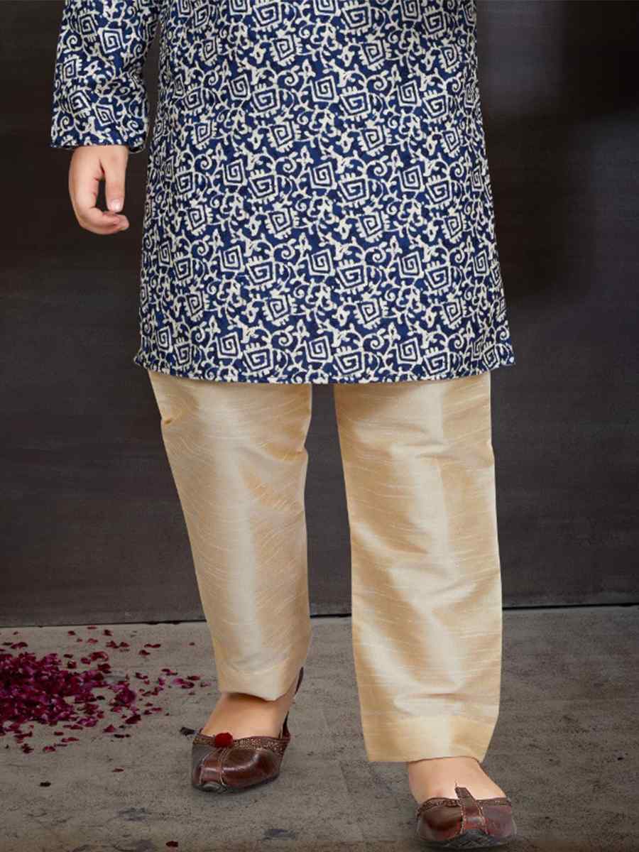 Blue Cotton Printed Festival Traditional Kurta Pyjama Boys Wear