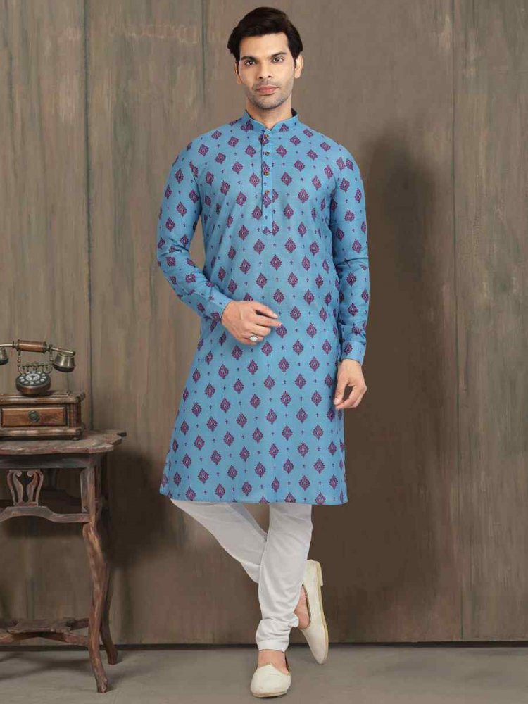 Blue Cotton Printed Festival Wedding Kurta