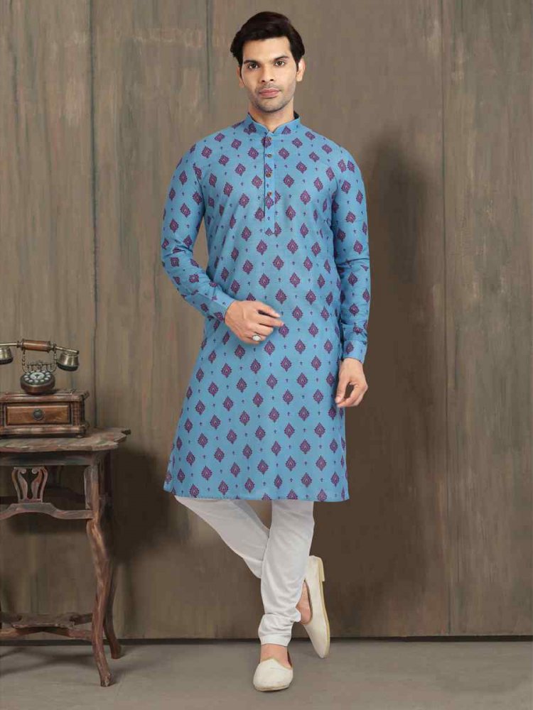 Blue Cotton Printed Plain Festival Party Kurta