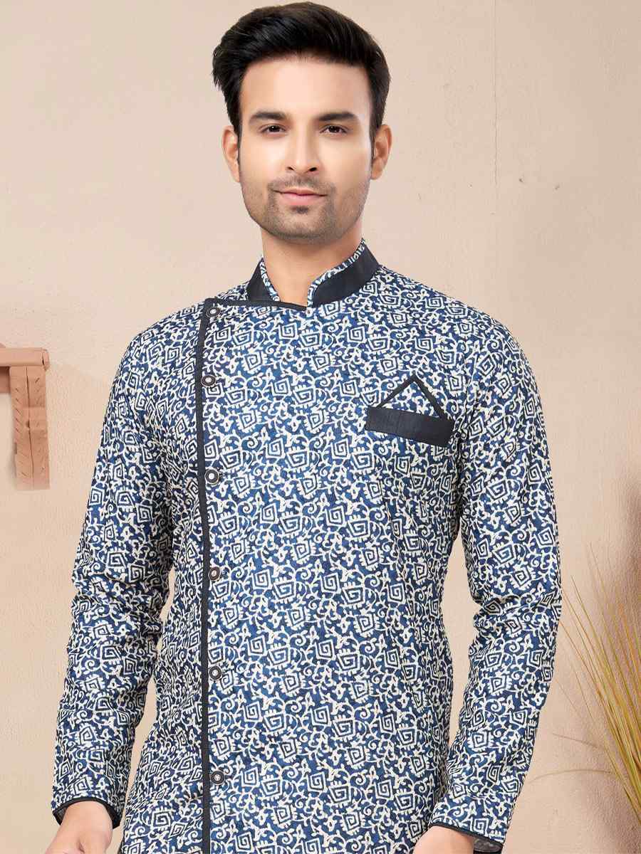 Blue Cotton Printed Wedding Festival Sherwani
