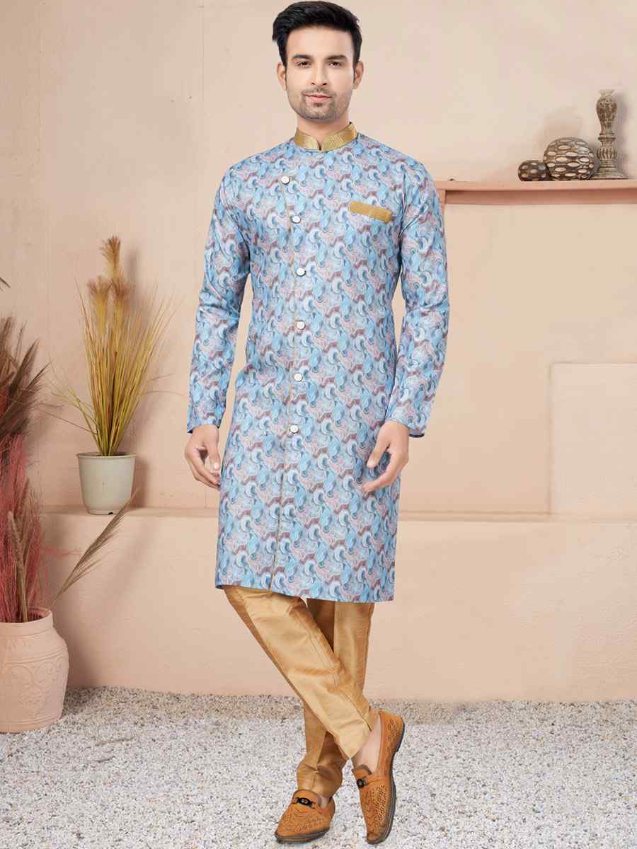 Blue Cotton Printed Wedding Festival Sherwani