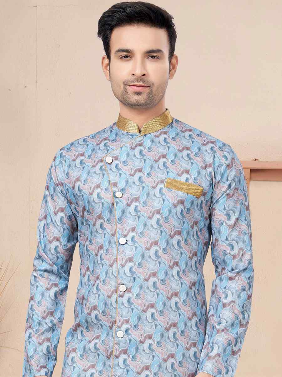 Blue Cotton Printed Wedding Festival Sherwani